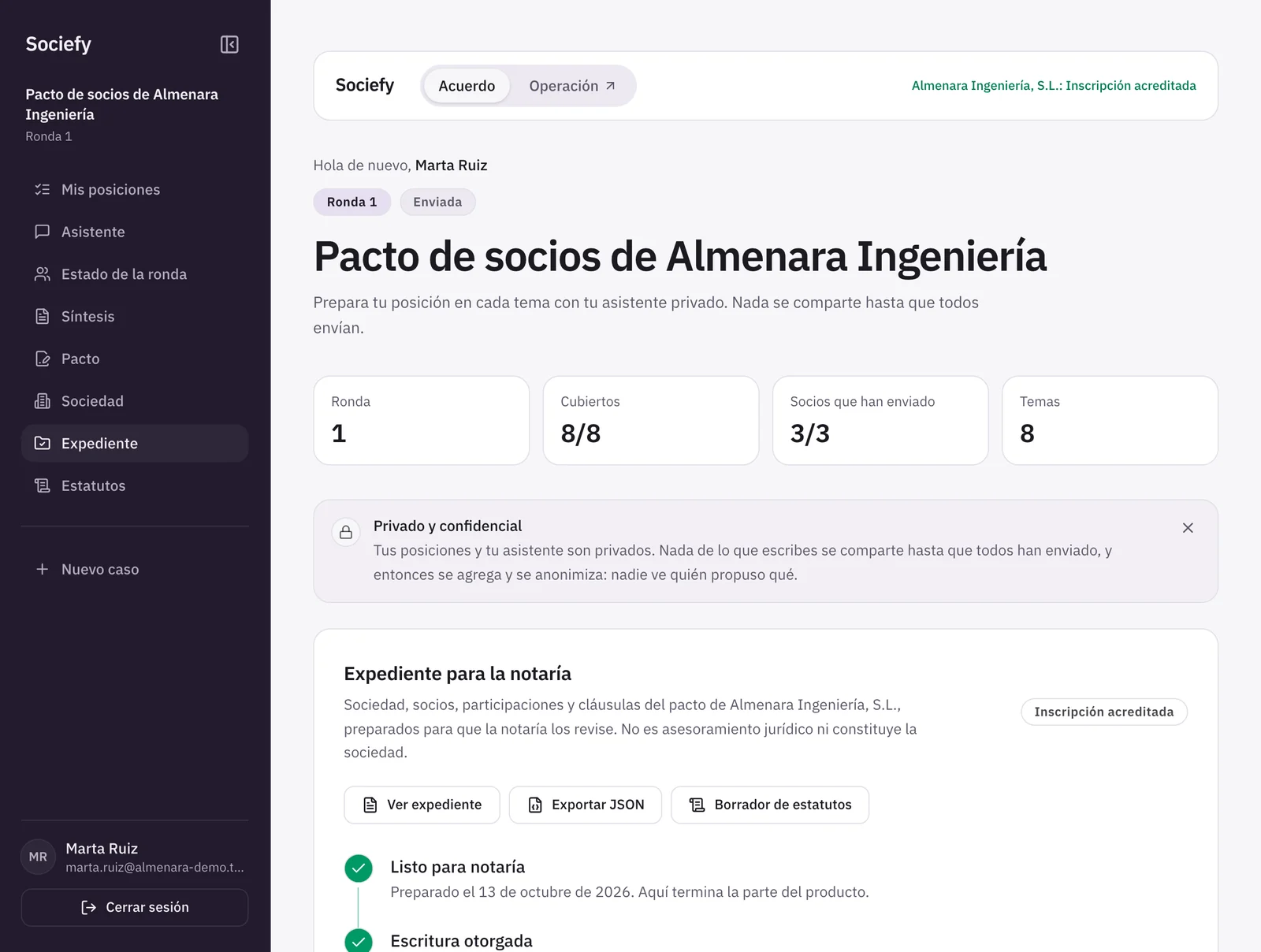 Pantalla del expediente para la notaría de Almenara Ingeniería en Sociefy